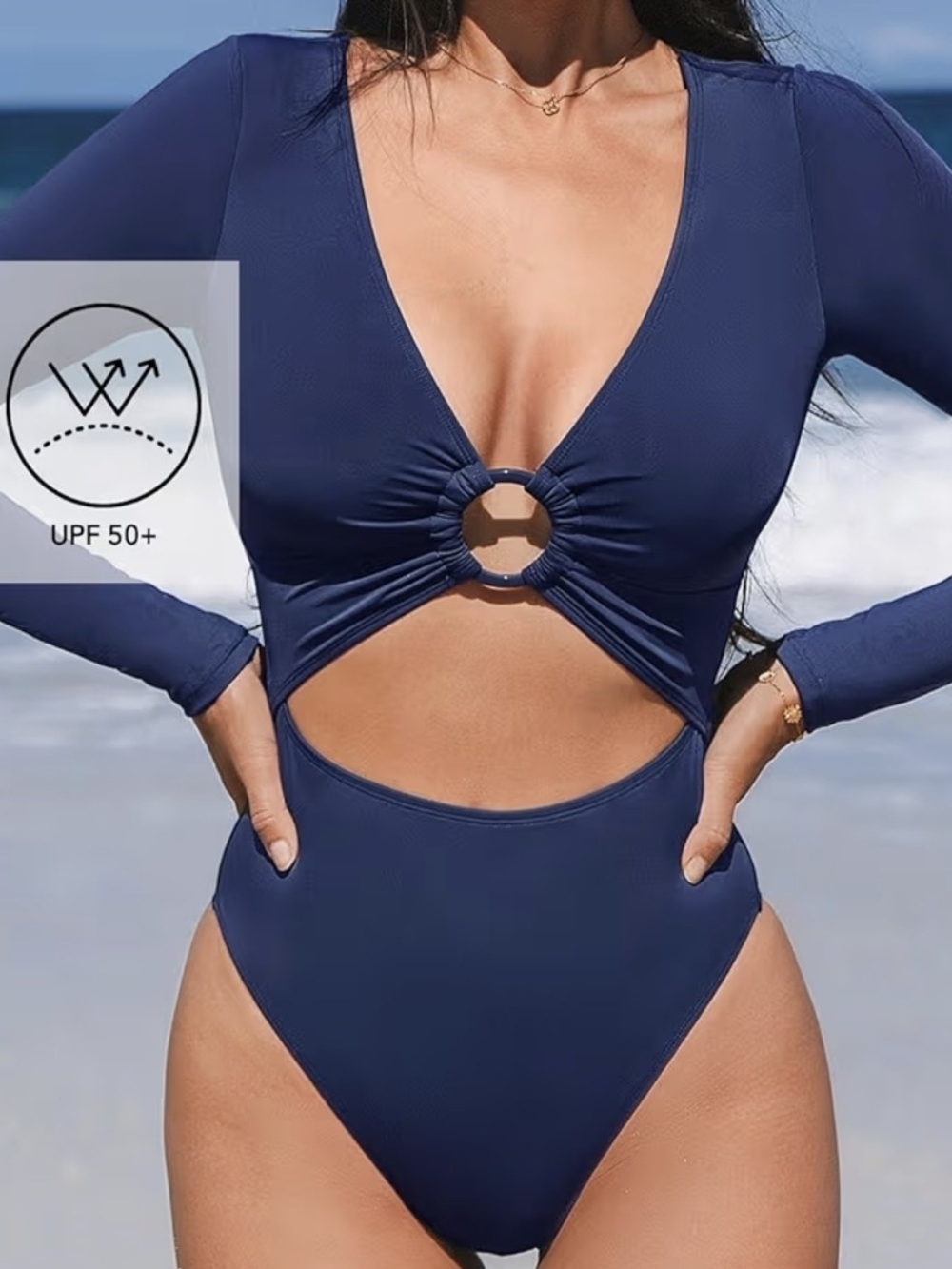 Navy Long-Sleeve Cutout One-Piece Swimsuit - Brand: